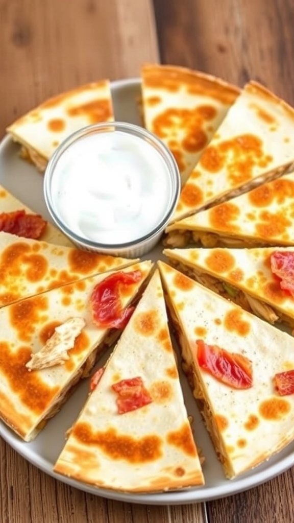 Air Fryer Chicken Bacon Ranch Quesadilla Recipe Air fryer chicken bacon ranch quesadilla cut into wedges, served with ranch dressing on a rustic table.